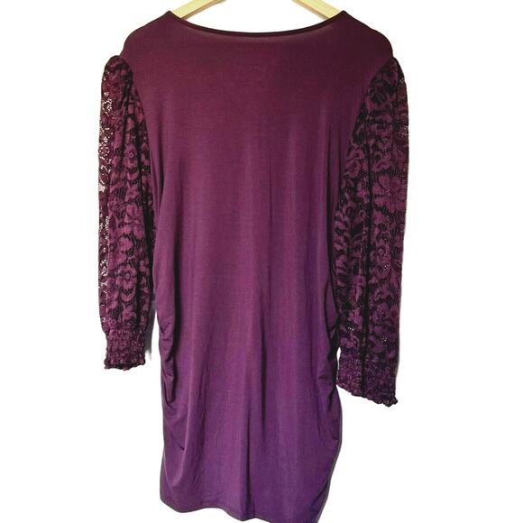 TORRID 2X Super Soft Knit Plum Purple Mini Dress Floral Lace Sleeves Ruched Sexy - Picture 3 of 9
